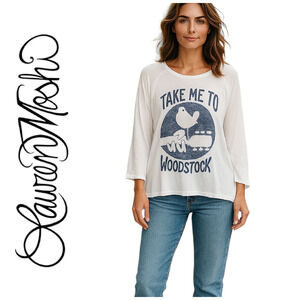 Lauren Moshi Sz XS "Take Me to Woodstock" White Long Bell Sleeve Tee T Shirt